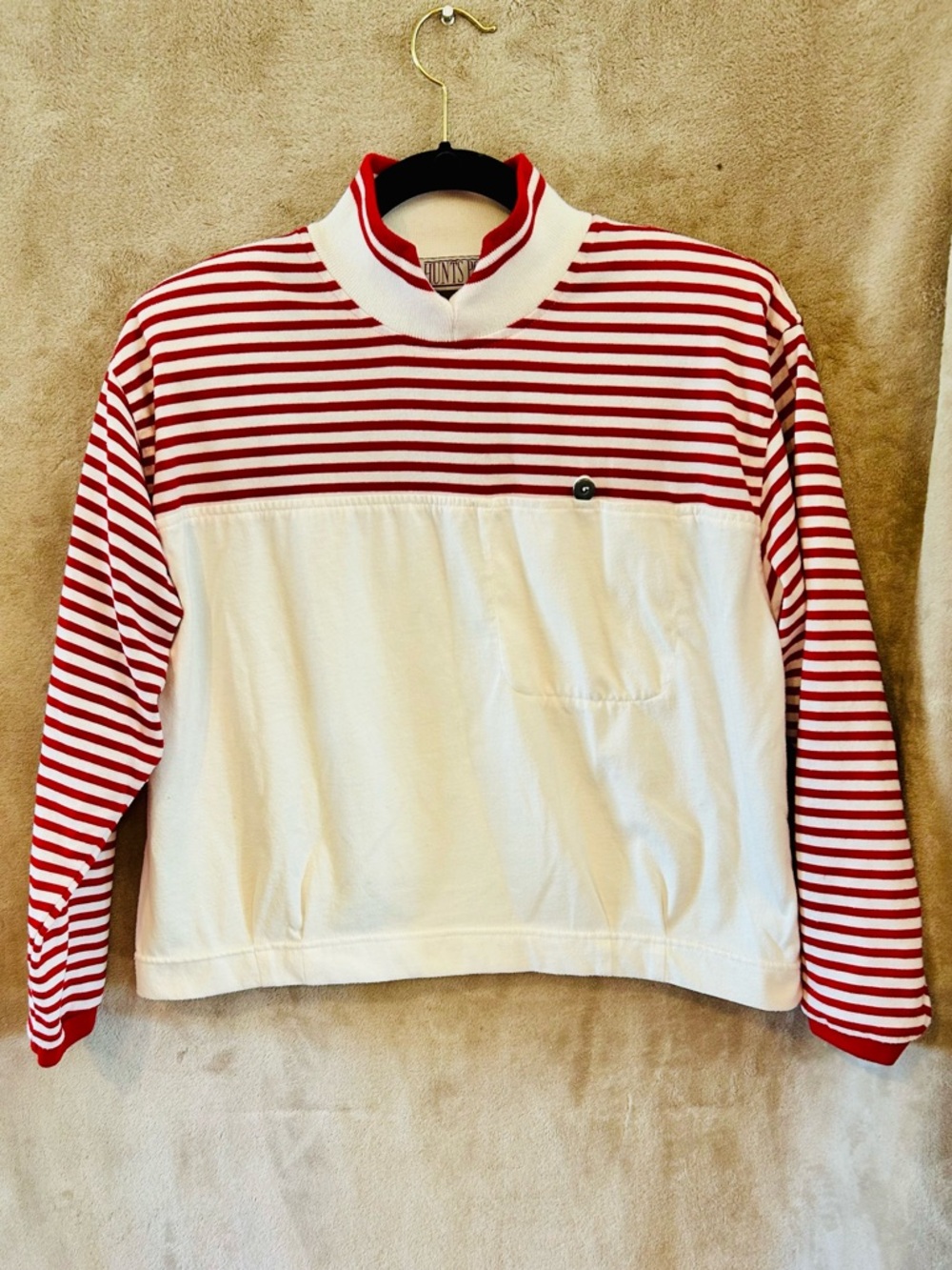 Vintage Hunts Point Red White Striped Mock Neck Pullover Top M Retro